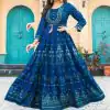 Stunning Blue Color Rayon Print Embroidery Work Long Anarkali Gown
