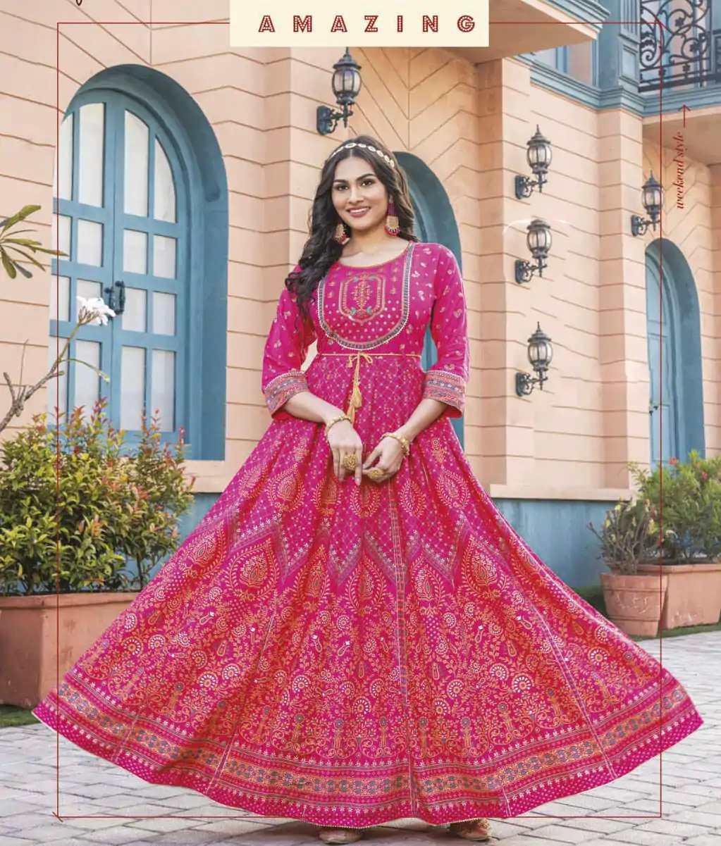  INLI Glam NX Pink Color Rayon Print Embroidery Work Long Anarkali Gown Wedding Party, Festive, Events Etc.4-6 Working Days@1699/- only | Gowns, Bollywood Gowns, Creative Gowns, Designer Gowns, Embroidered Gowns, Party Wear Gowns, Straight Suits
