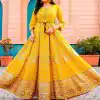 Stunning Yellow Color Rayon Print Embroidery Work Long Anarkali Gown
