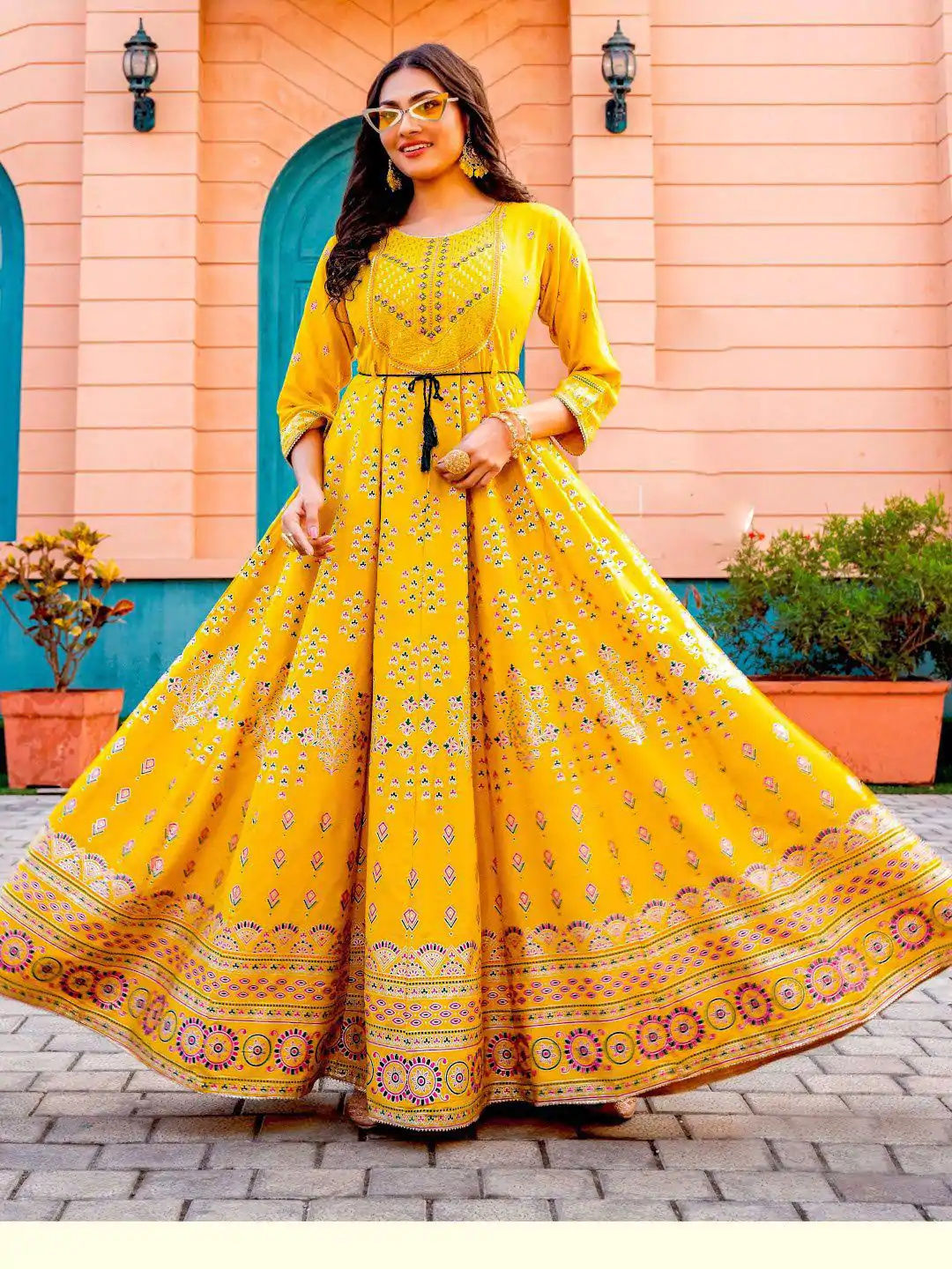  INLI Glam NX Yellow Color Rayon Print Embroidery Work Long Anarkali Gown Wedding Party, Festive, Events Etc.4-6 Working Days@1699/- only | Gowns, Bollywood Gowns, Creative Gowns, Designer Gowns, Embroidered Gowns, Party Wear Gowns, Straight Suits
