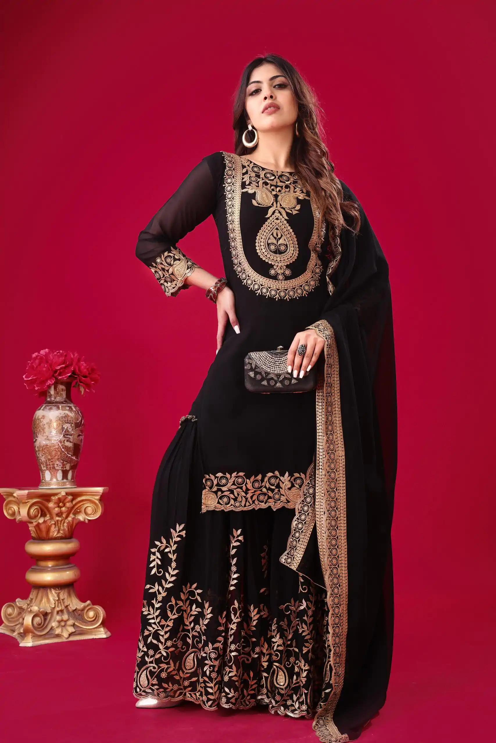 SRK-5242 Black Faux Georgette Embroidery Sequence Work Salwar Suit  Casual, Wedding, Party, Festive, Events Etc.4-6 Working Days@ 2099/-only | Jump Suits, Salwar suit, Casual Suits, Creative suits, Designer Suits, Palazzo Suits, Party Wear Suits, Patiala Suits, Straight Suits