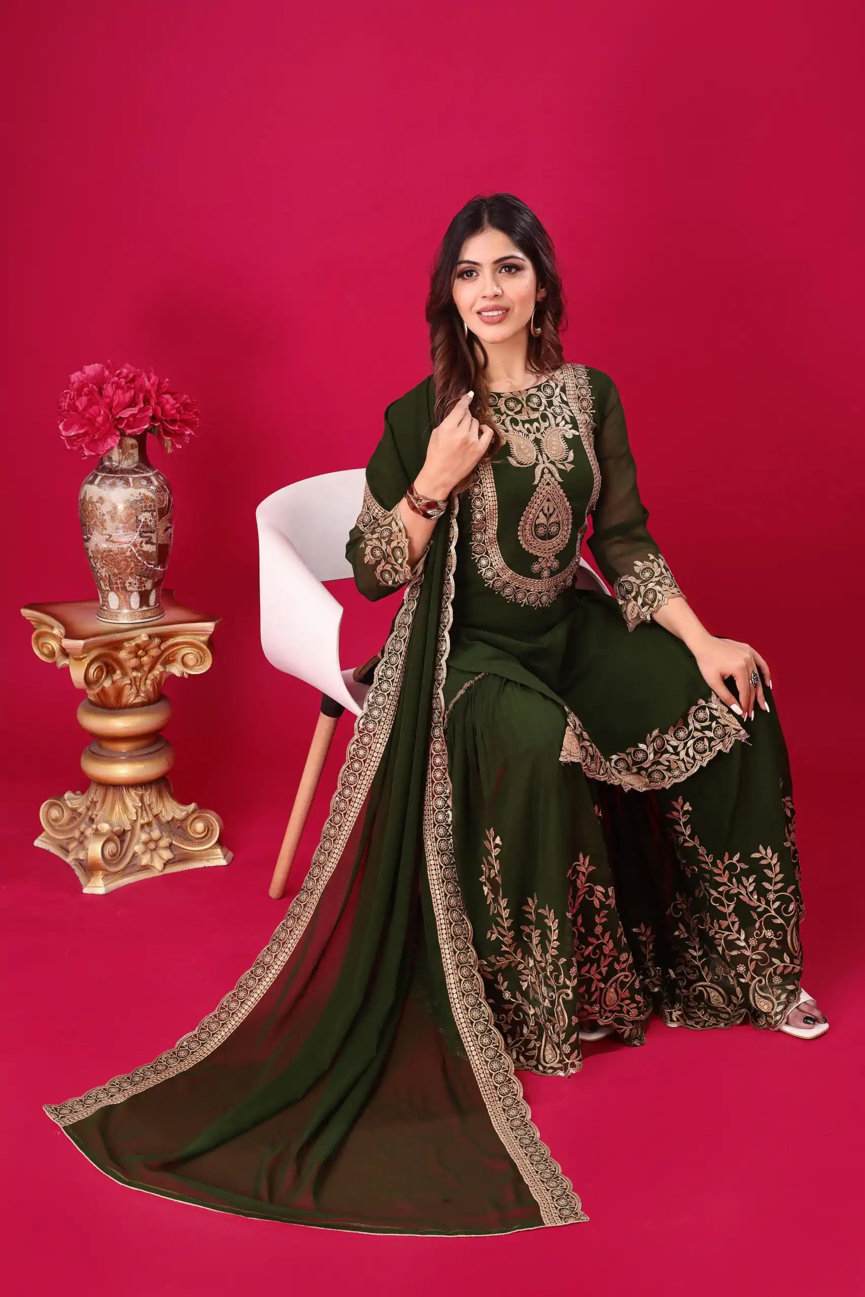 SRK-5242 Bottle Green Faux Georgette Embroidery Sequence Work Salwar Suit , Wedding, Party, Festive, Events Etc.4-6 Working Days@ 2099/-only | Jump Suits, Salwar suit, Casual Suits, Creative suits, Designer Suits, Palazzo Suits, Party Wear Suits, Patiala Suits, Straight Suits
