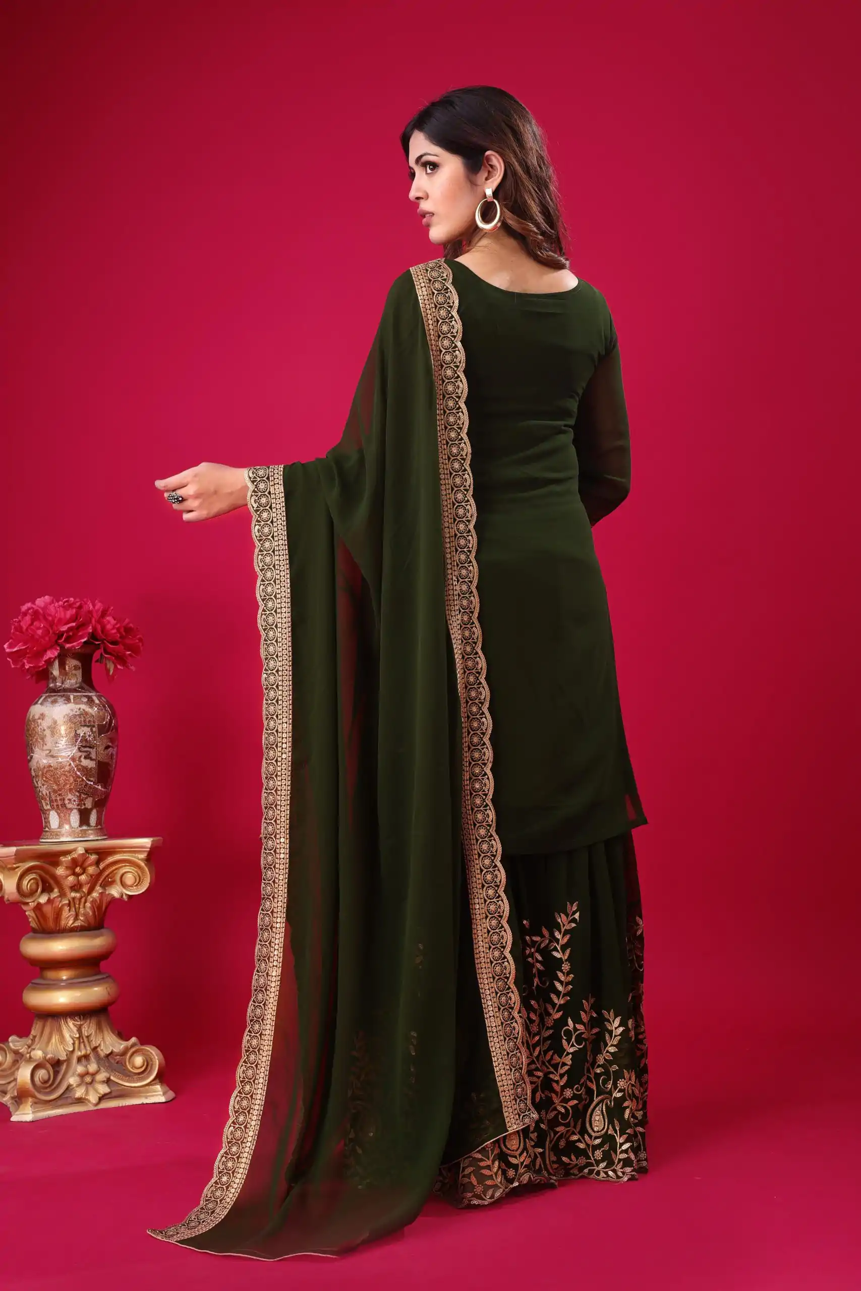 SRK-5242 Bottle Green Faux Georgette Embroidery Sequence Work Salwar Suit , Wedding, Party, Festive, Events Etc.4-6 Working Days@ 2099/-only | Jump Suits, Salwar suit, Casual Suits, Creative suits, Designer Suits, Palazzo Suits, Party Wear Suits, Patiala Suits, Straight Suits