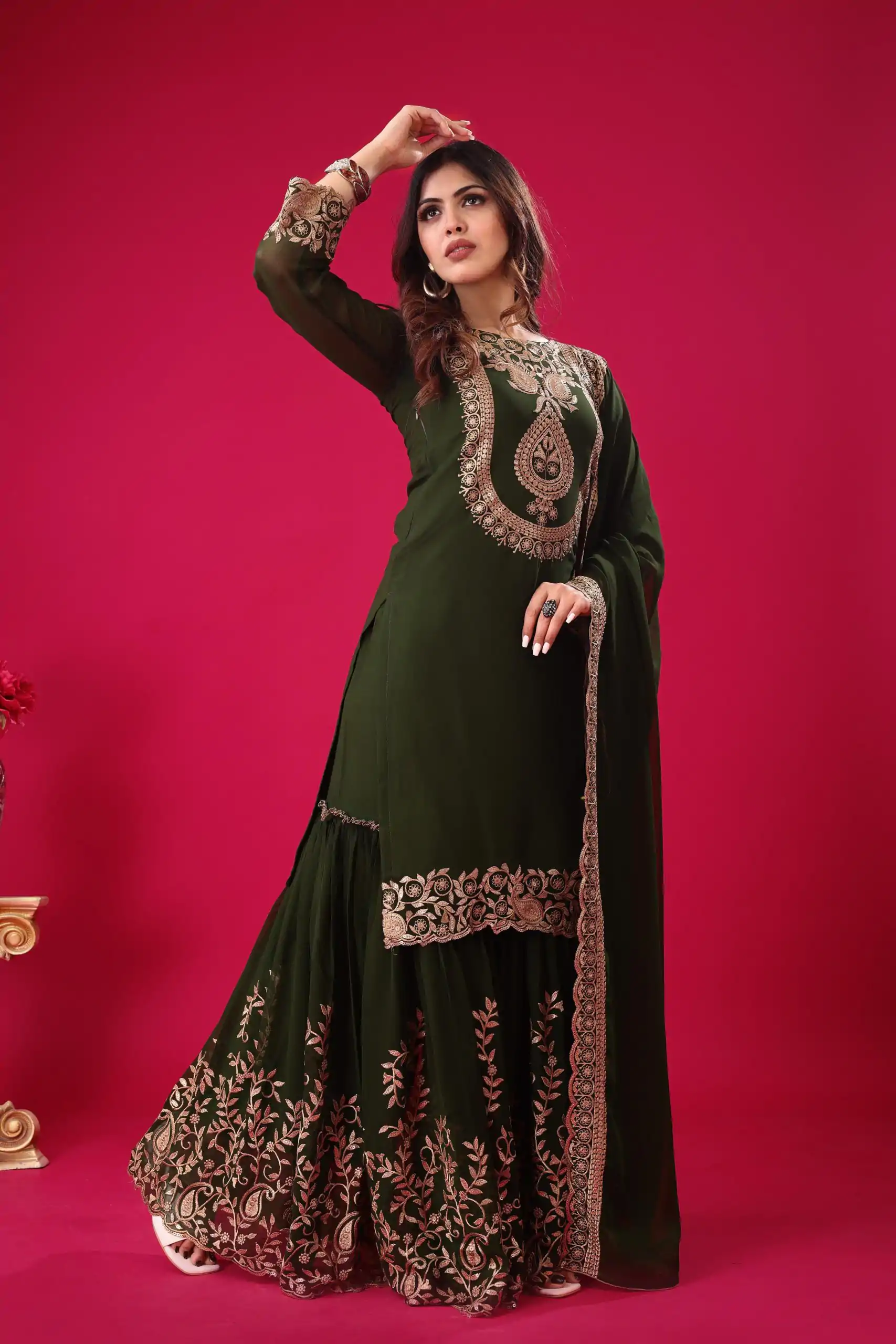 SRK-5242 Bottle Green Faux Georgette Embroidery Sequence Work Salwar Suit , Wedding, Party, Festive, Events Etc.4-6 Working Days@ 2099/-only | Jump Suits, Salwar suit, Casual Suits, Creative suits, Designer Suits, Palazzo Suits, Party Wear Suits, Patiala Suits, Straight Suits