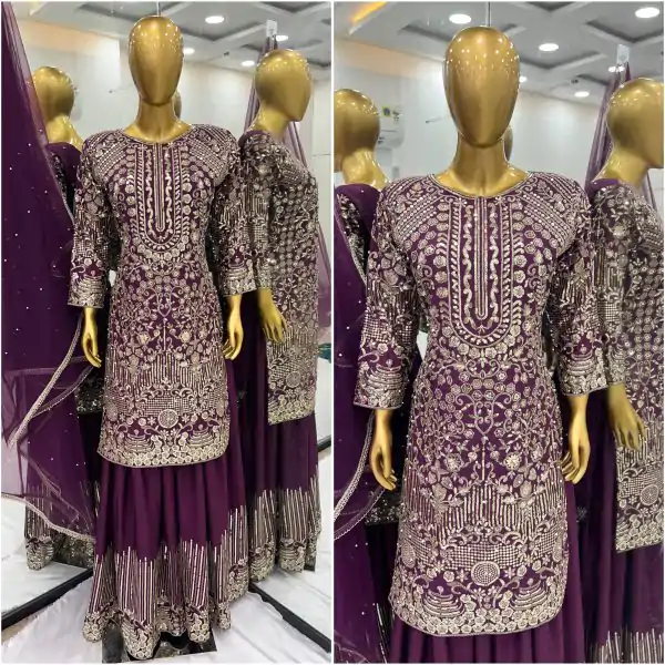 Wine Chinnon Silk Embroidery Sequence With Moti Work Salwar Suit - Image 2
