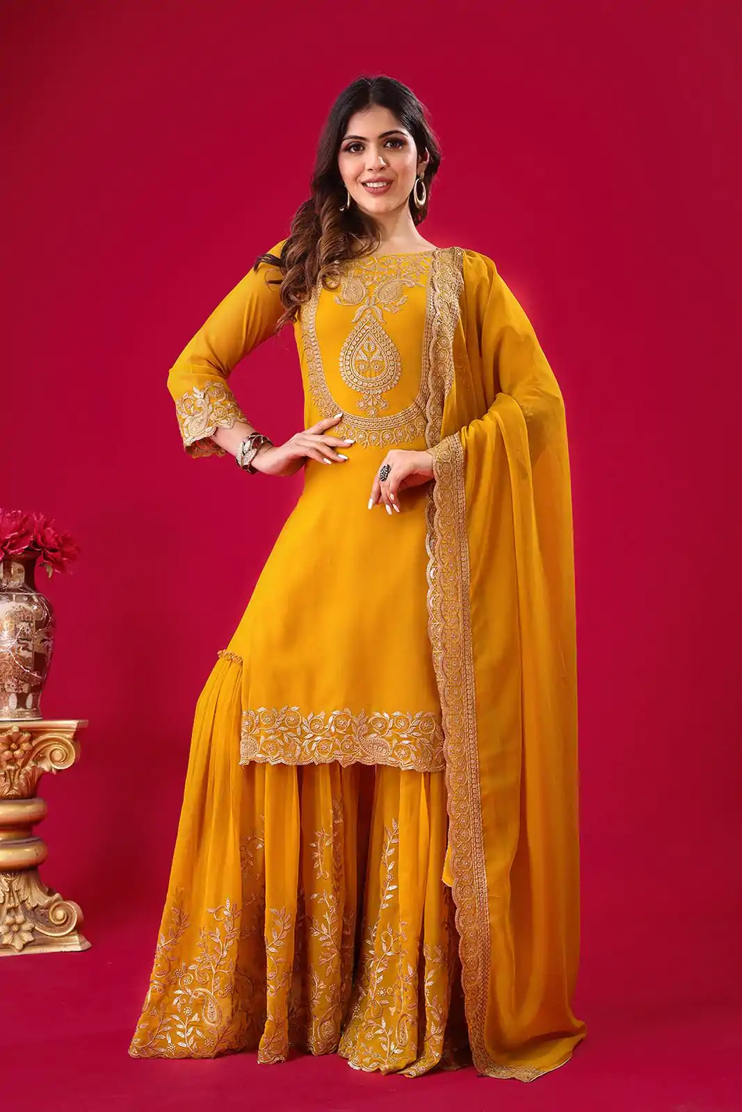 SRK-5242 Yellow Faux Georgette With Embroidery Sequence Thread Work Salwar Suit , Wedding, Party, Festive, Events Etc.4-6 Working Days@ 2099/-only | Jump Suits, Salwar suit, Casual Suits, Creative suits, Designer Suits, Palazzo Suits, Party Wear Suits, Patiala Suits, Straight Suits