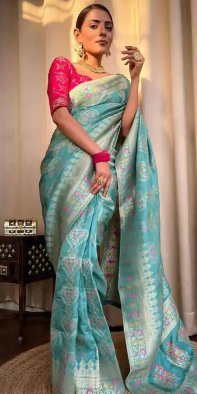 Attractive Sky Blue Color Soft Lichi Silk Kubera Pattu On All Over Saree