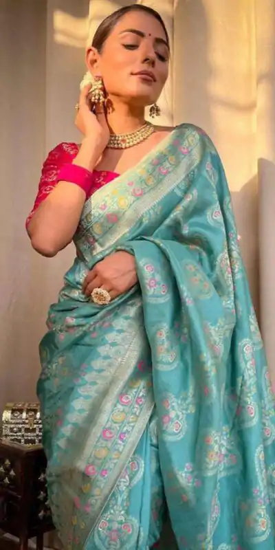 Attractive Sky Blue Color Soft Lichi Silk Kubera Pattu On All Over Saree