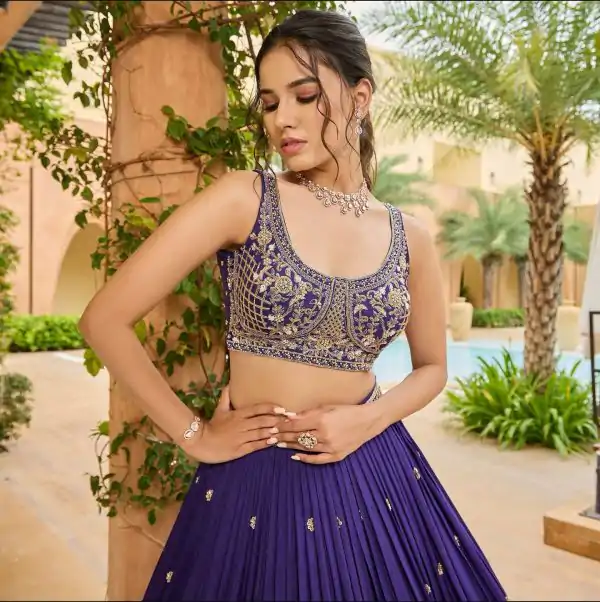 Navy Blue Chinon Silk Embroidery Sequence Work Lehenga Choli - Image 2