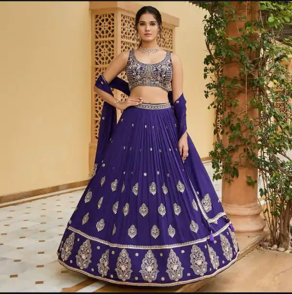 Navy Blue Chinon Silk Embroidery Sequence Work Lehenga Choli - Image 3