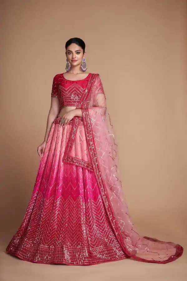 Red Chinon Embroidery and Sequins Lehenga Choli