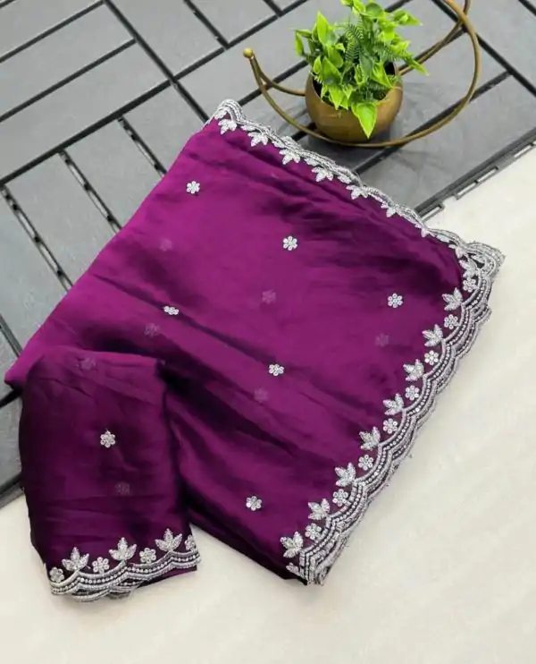 Wine Rangoli Chiffon Embroidery Cut Work Saree