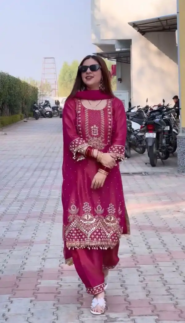 Red Roman Shimmer Silk Embroidery Sequences Work Peral Moti Salwar Suit - Image 2