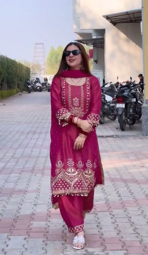 Red Roman Shimmer Silk Embroidery Sequences Work Peral Moti Salwar Suit - Image 3