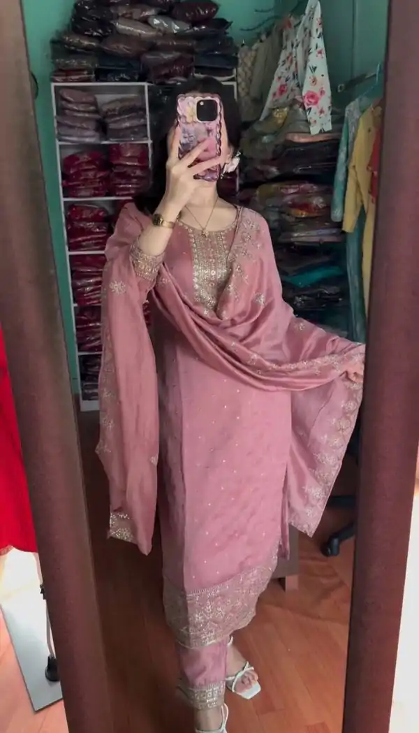 Pink Chinon Silk Embroidery Sequence Work Salwar Suit - Image 2