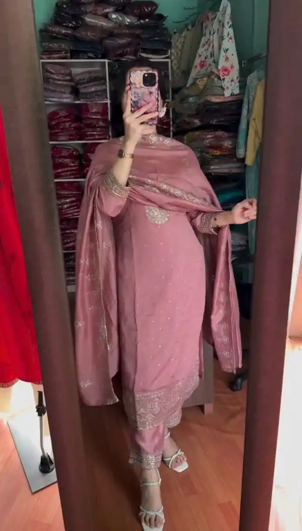 Pink Chinon Silk Embroidery Sequence Work Salwar Suit - Image 3