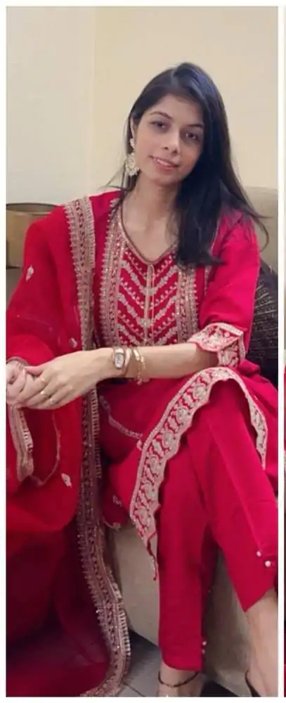 Red Chinnon Cording Sequences Embroidery Work Salwar Suit - Image 4