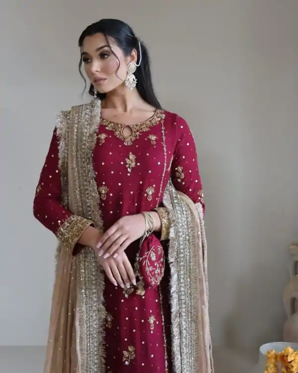Red Faux Georgette Sequence Handmade Moti Work Salwar Suit - Image 2