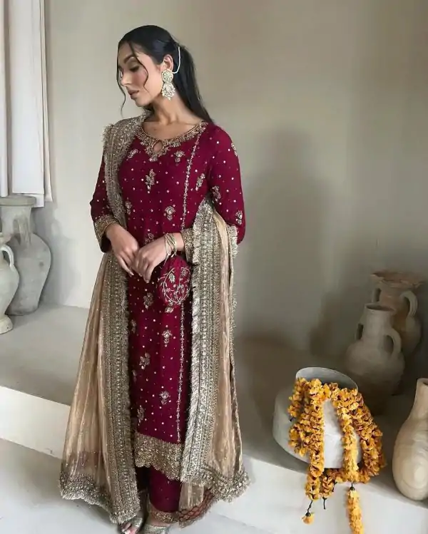Red Faux Georgette Sequence Handmade Moti Work Salwar Suit - Image 3