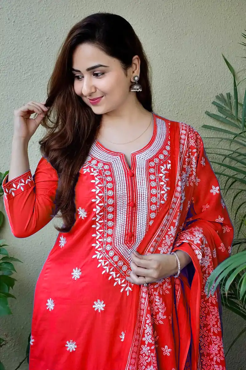 MF 1002 Red rayon cotton with embroidery work Salwar Suit  Casual, Wedding, Party, Festive, Events Etc.4-6 Working Days@ 1449/-only | Jump Suits, Salwar suit, Casual Suits, Creative suits, Designer Suits, Palazzo Suits, Party Wear Suits, Patiala Suits, Straight Suits