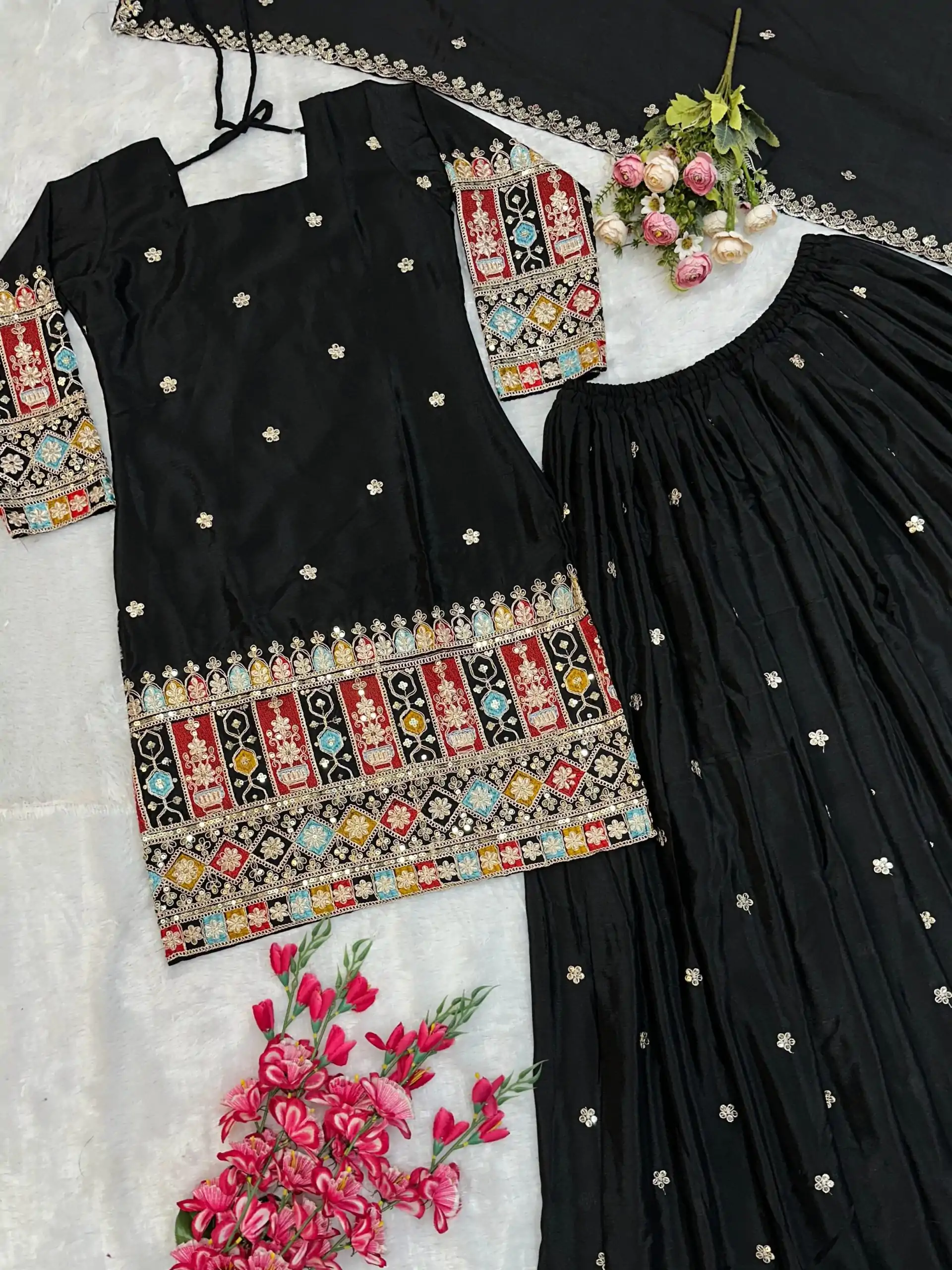 VLM 242 Black Chinnon Silk Embroidery Work Salwar Suit Casual, Wedding, Party, Festive, Events Etc.4-6 Working Days@ 2099/-only | Jump Suits, Salwar suit, Casual Suits, Creative suits, Designer Suits, Palazzo Suits, Party Wear Suits, Patiala Suits, Straight Suits