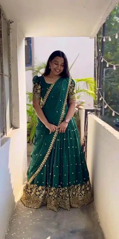 Bottle Green Georgette Embroidery And Sequins Work Lehenga Choli