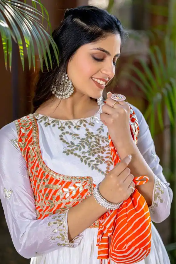 White Chinon Laheriya Print Gotta Patti Cording Work Anarkali Gown - Image 2