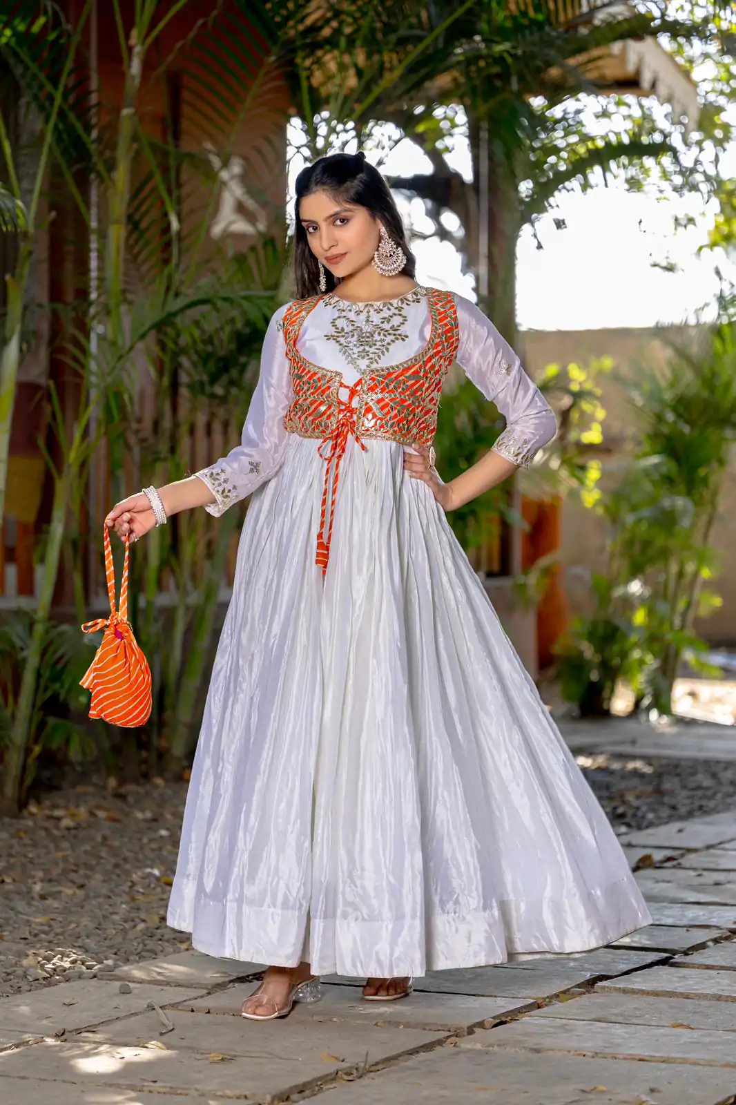 Ram 084 White Color Chinon Laheriya Print Gotta Patti Cording Work Anarkali Gown Wedding Party, Festive, Events Etc.4-6 Working Days@1949/- only | Gowns, Bollywood Gowns, Creative Gowns, Designer Gowns, Embroidered Gowns, Party Wear Gowns, Straight Suits