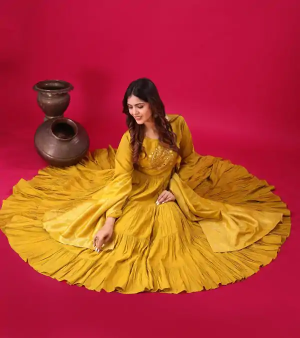 Yellow Roman Silk With Embroidery Sequence Work Anarkali Gown - Image 3