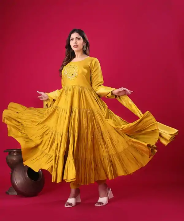 Yellow Roman Silk With Embroidery Sequence Work Anarkali Gown - Image 4
