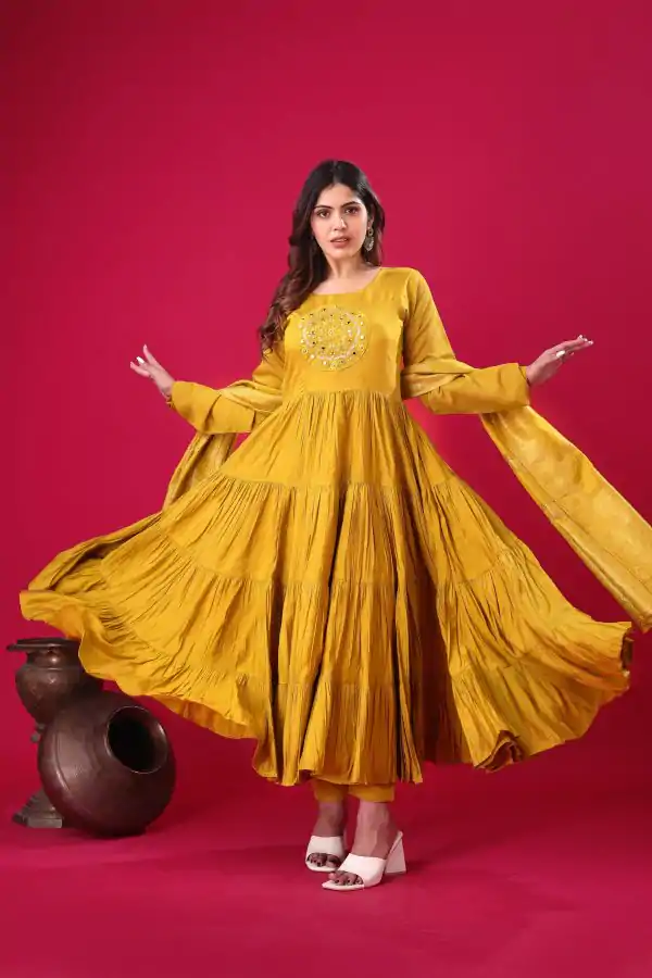 Yellow Roman Silk With Embroidery Sequence Work Anarkali Gown - Image 5