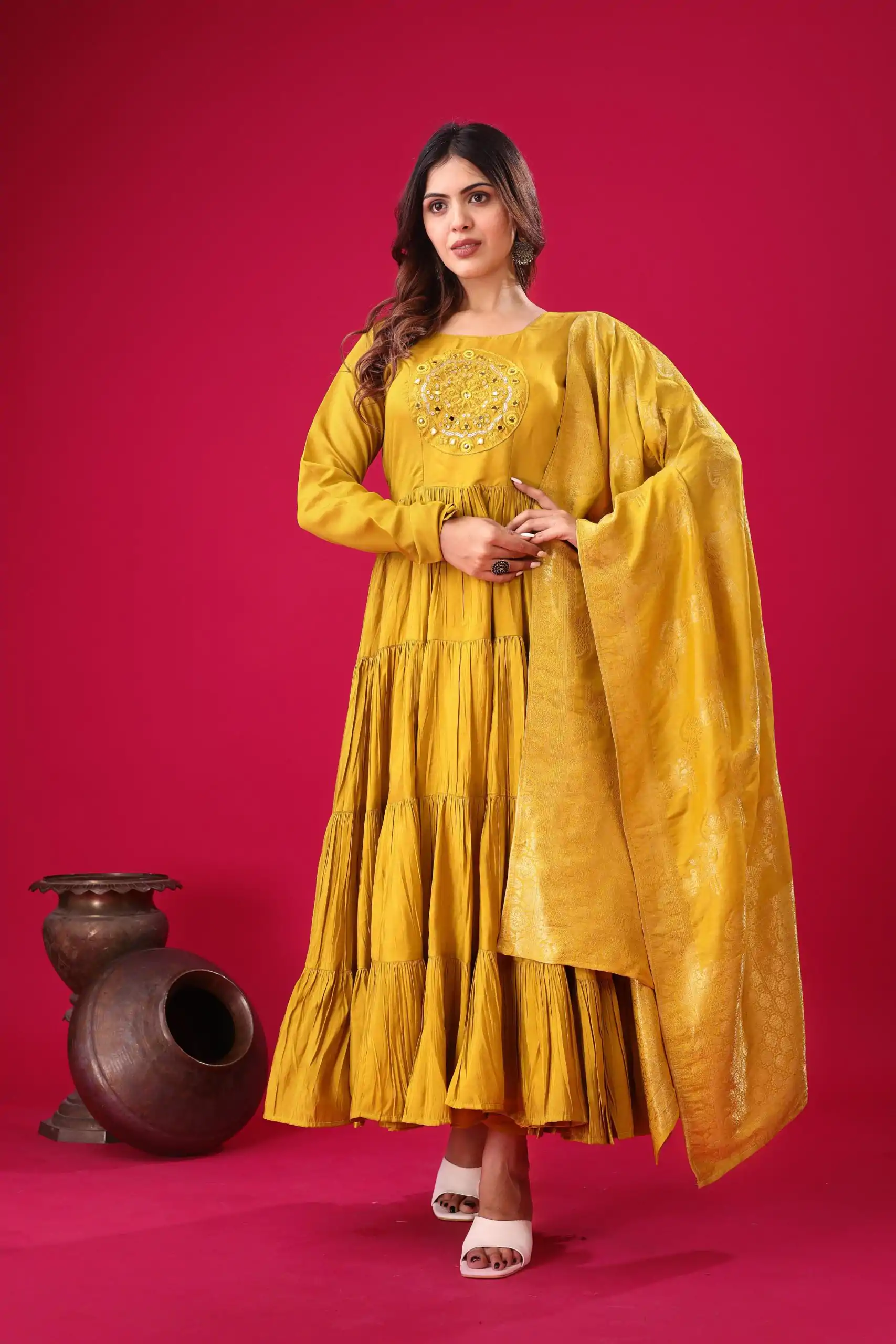 ZSR 3107 Yellow Color Roman Silk With Embroidery Sequence Work Anarkali Gown Wedding Party, Festive, Events Etc.4-6 Working Days@1799/- only | Gowns, Bollywood Gowns, Creative Gowns, Designer Gowns, Embroidered Gowns, Party Wear Gowns, Straight Suits