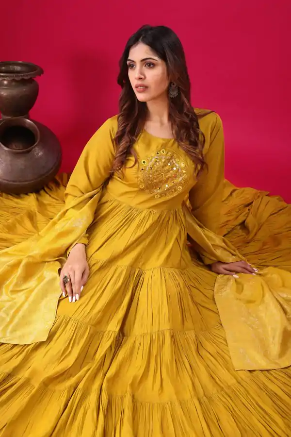 Yellow Roman Silk With Embroidery Sequence Work Anarkali Gown - Image 2
