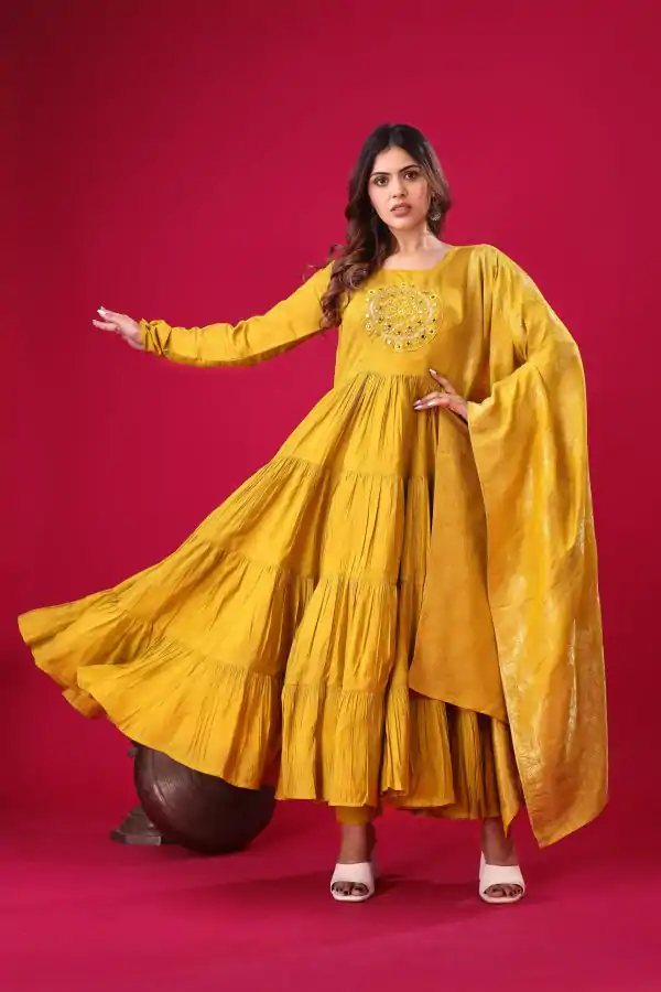 Yellow Roman Silk With Embroidery Sequence Work Anarkali Gown - Image 7