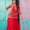 Nice Red Color Bandhej Embroidery Thared Work Lehenga Crop Top & Jacket