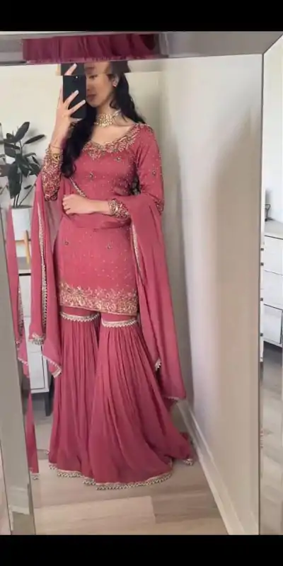 Perfects Peach Color Chinnon Silk Heavy Embroidery Work With Moti Handwork Salwar Suit
