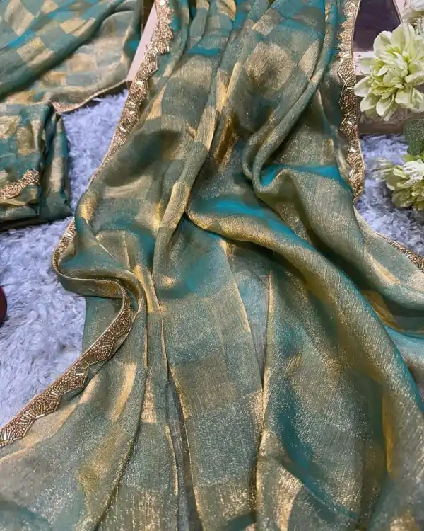 Green Chiffon Pattern Hand Work Lace Saree