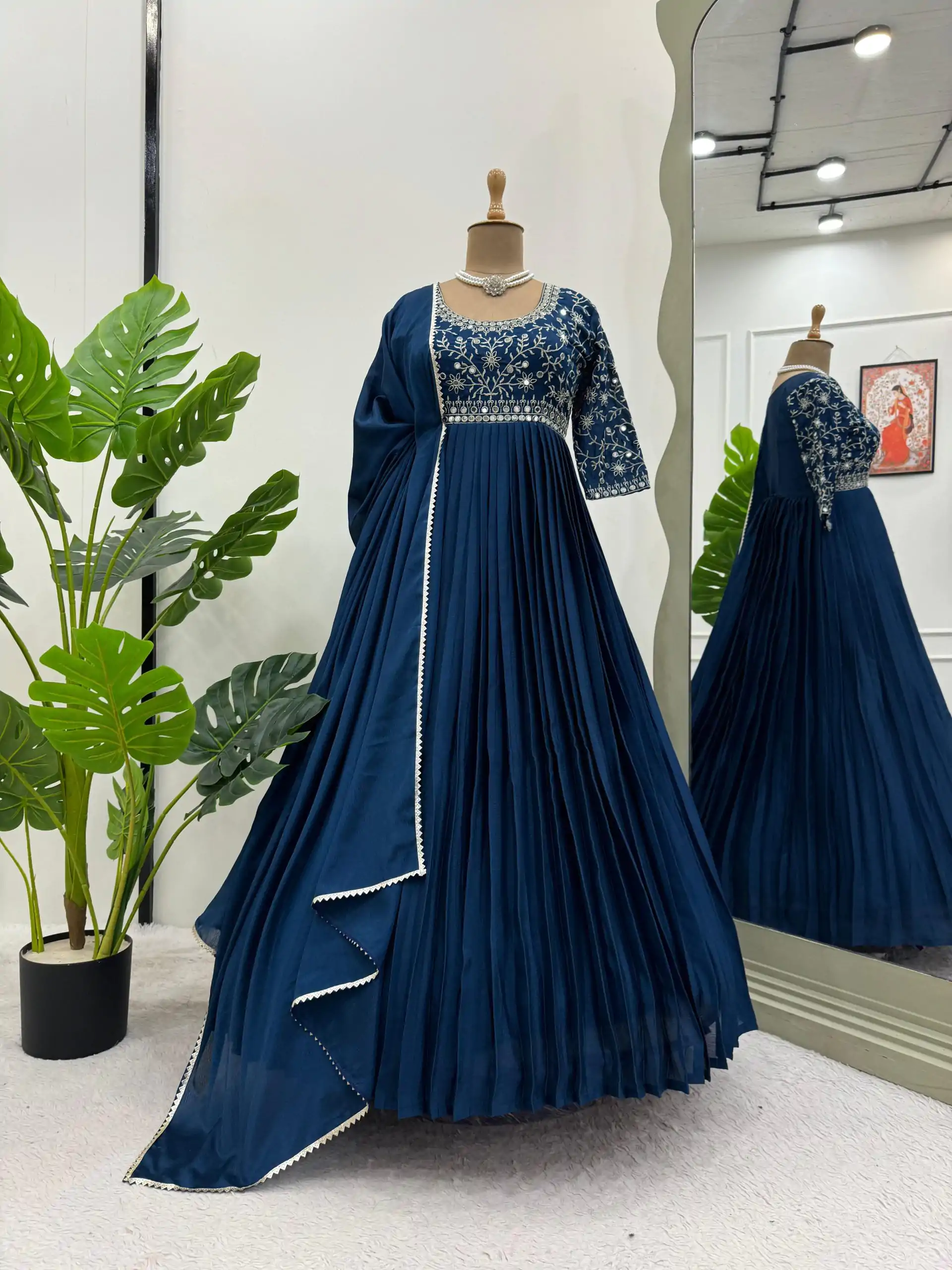 RTC 5724 Navy Blue Color Chinon Silk Thread With Real Mirror Gown Wedding Party, Festive,@1799/- Only | Gowns, Bollywood Gowns, Creative Gowns, Designer Gowns, Embroidered Gowns, Party Wear Gowns, Straight Suits