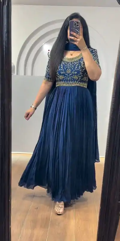 Navy Blue Chinon Silk Thread Real Mirror Gown