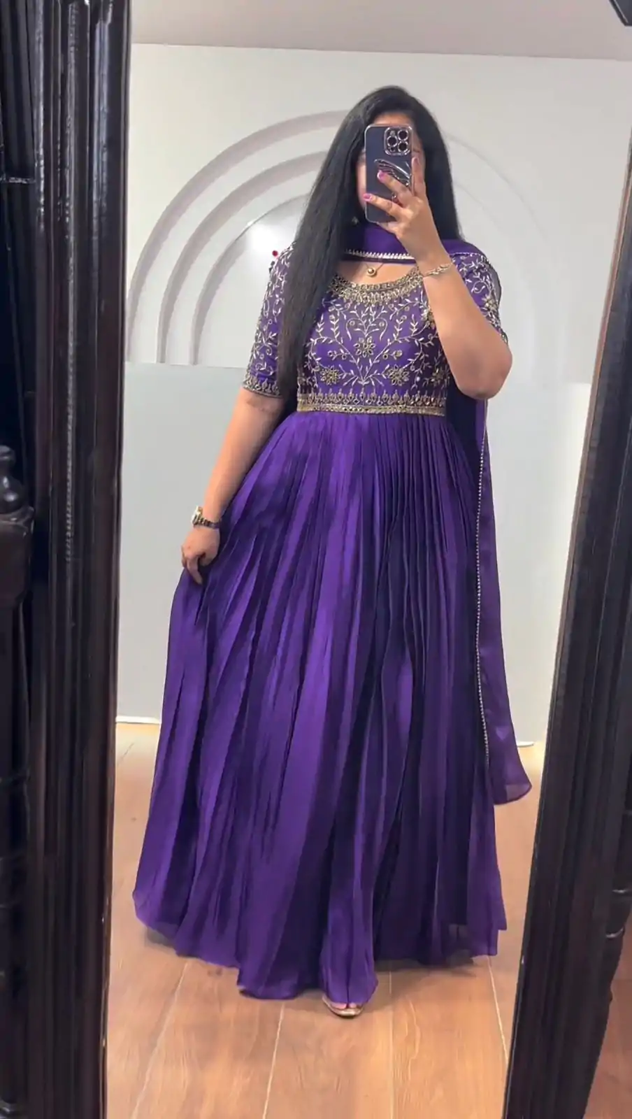 Purple Chinon Silk Thread Real Mirror Gown