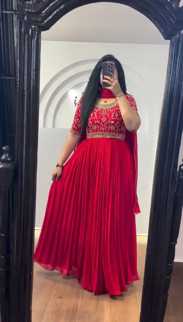 Red Chinon Silk Thread Real Mirror Gown