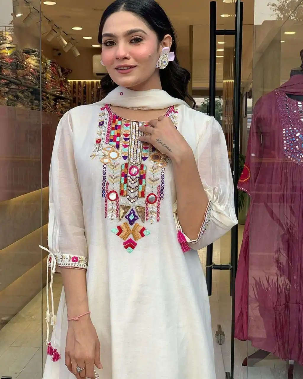 MF 748 White Color Chanderi Silk With Mirror Work Embroidery Salwar Suit Casual, Wedding, Party, Festive, Events Etc.4-6 Working Days@ 1599/-only | Jump Suits, Salwar suit, Casual Suits, Creative suits, Designer Suits, Palazzo Suits, Party Wear Suits, Patiala Suits, Straight Suits