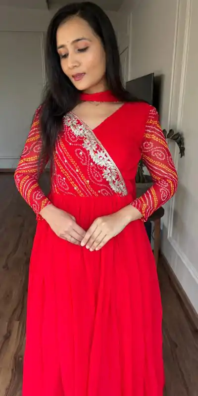 Red Bandhej Fox Georgette Sequence Embroidery Work Anarkali Gown