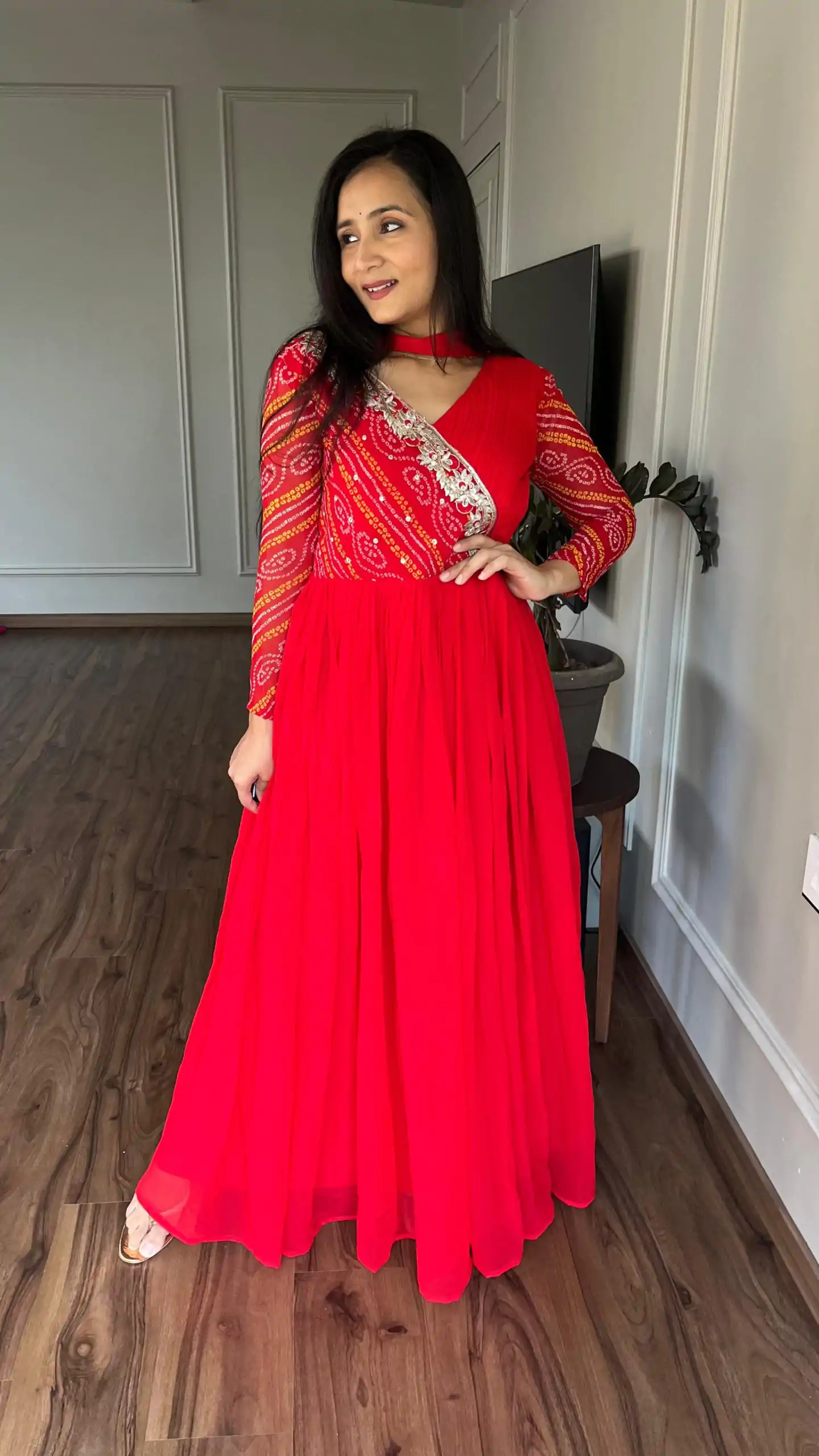 Ram 058 Red Color Bandhej With Fox Georgette 3mm Sequence Embroidery Work Anarkali Gown Wedding Party, Festive, Events Etc.4-6 Working Days@1899/- only | Gowns, Bollywood Gowns, Creative Gowns, Designer Gowns, Embroidered Gowns, Party Wear Gowns, Straight Suits
