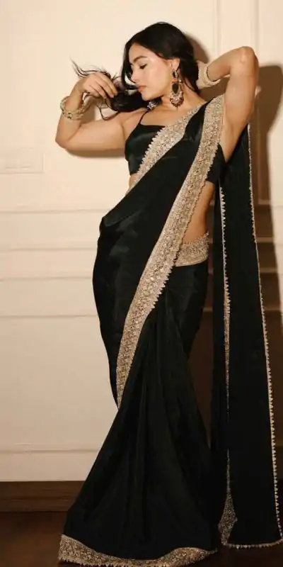 Black VI Chitra Silk Embroidery Sequence Lace Border Saree