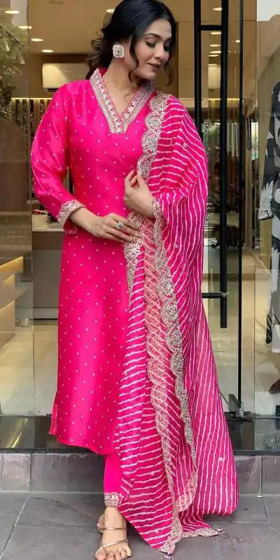 Magical Pink Color Chinon Silk Wide Digital Print Coding Work Lace Salwar Suit