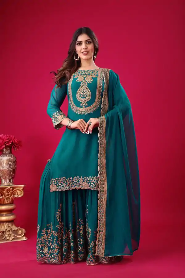 Amazing Blue Color Faux Georgette Embroidery Sequence Work Salwar Suit