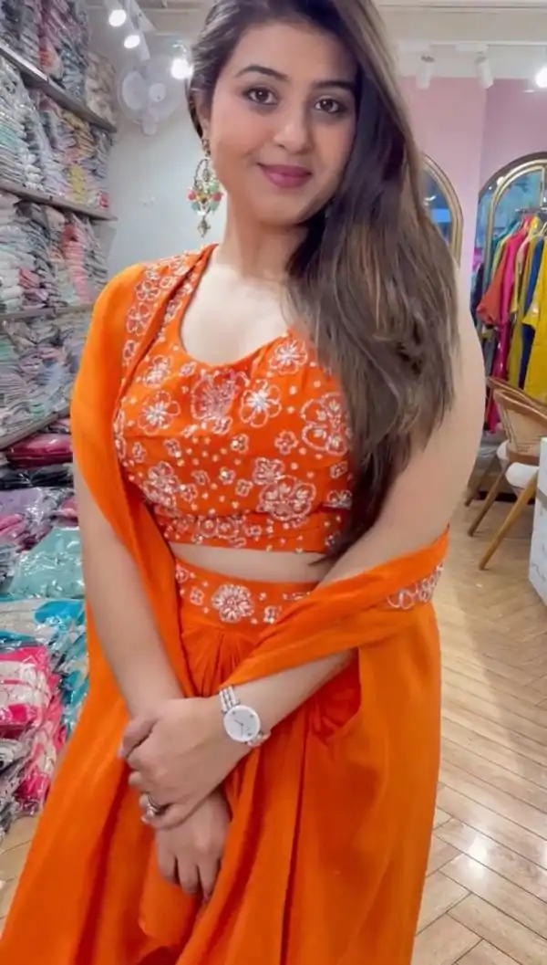 Orange Satin Silk Thread With Sequence Dhoti Suit - Image 2