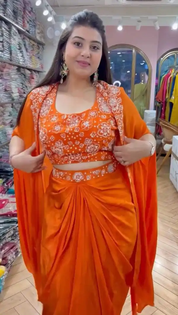 Orange Satin Silk Thread With Sequence Dhoti Suit - Image 3