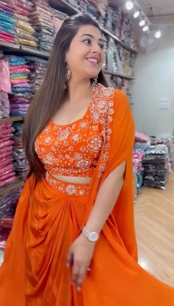 Orange Satin Silk Thread With Sequence Dhoti Suit - Image 4
